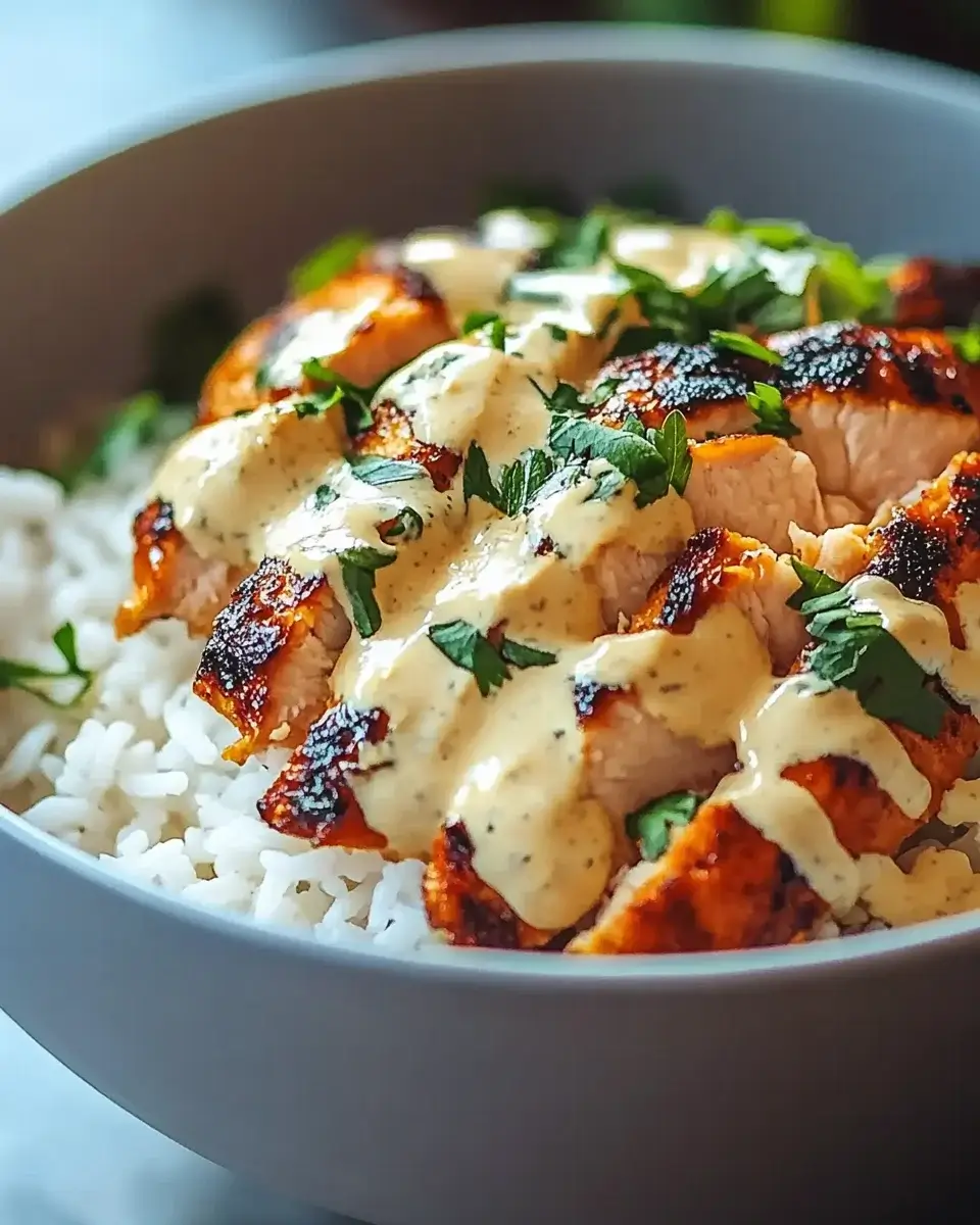 Hähnchen-Reis-Bowl mit cremiger Knoblauchsauce genießen!