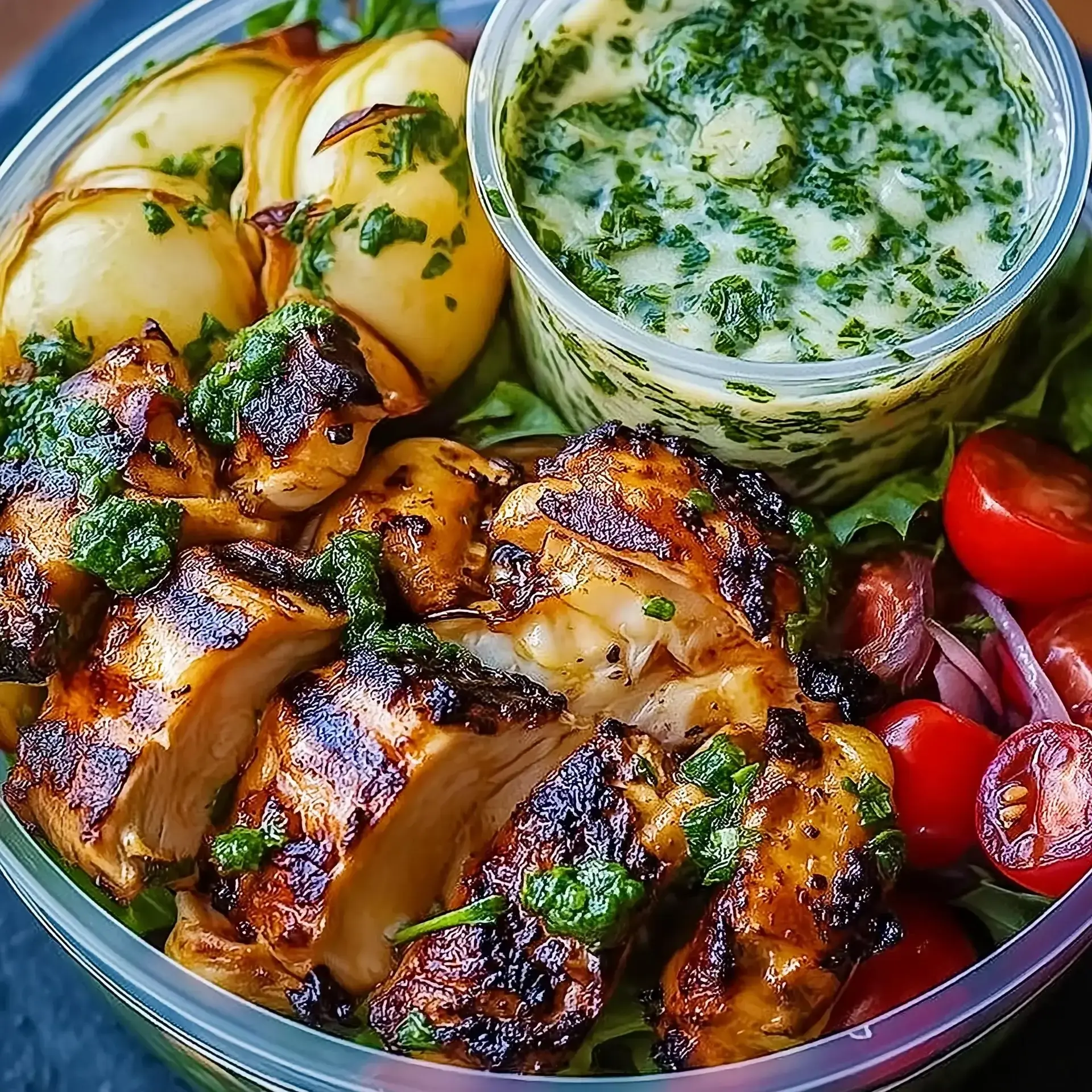 Gegrillte Hähnchen-Bowl mit Chimichurri und Knoblauchsauce: Entdecken Sie das perfekte Rezept!