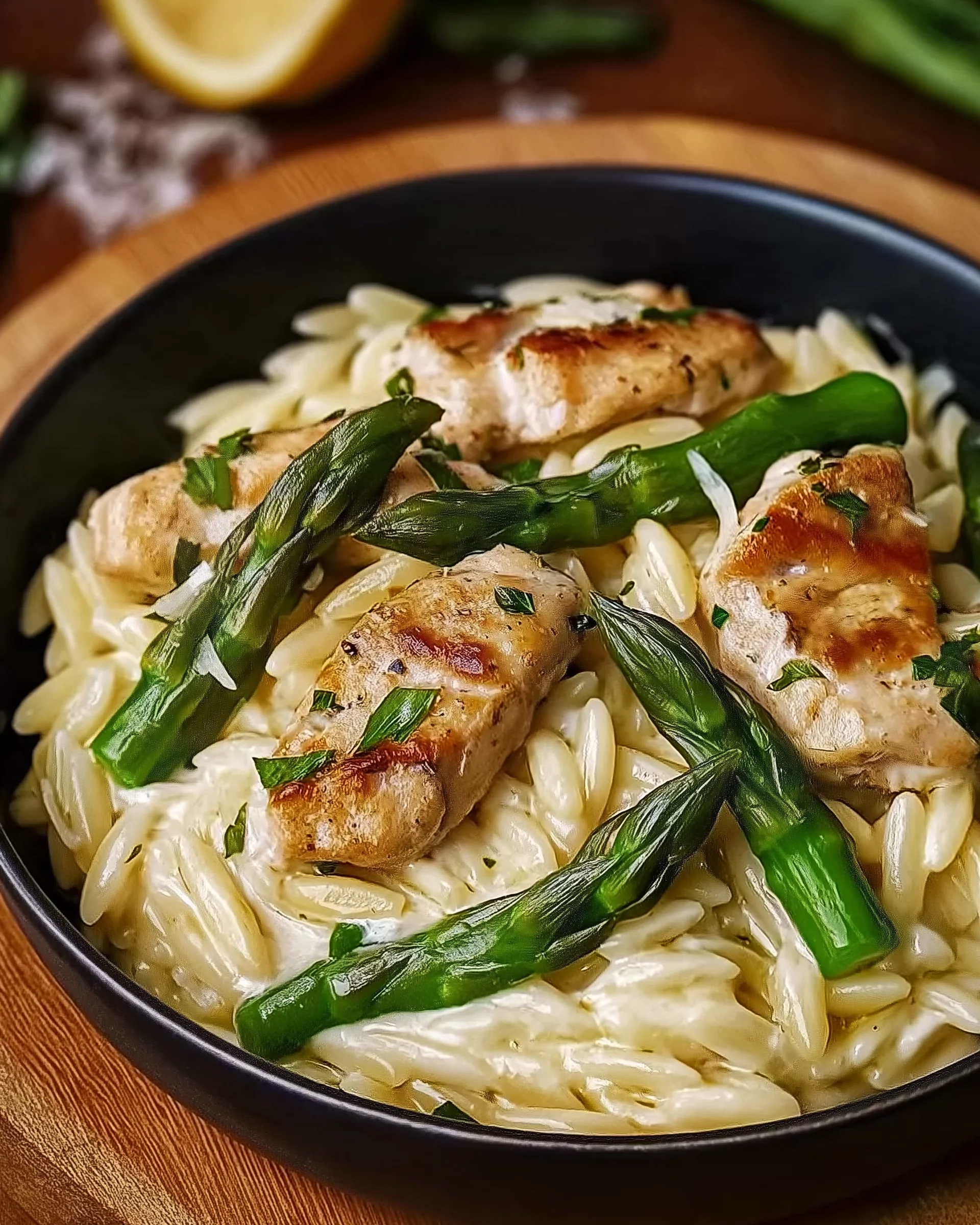 Cremiger Parmesan-Orzo mit Hähnchen und Spargel genießen!