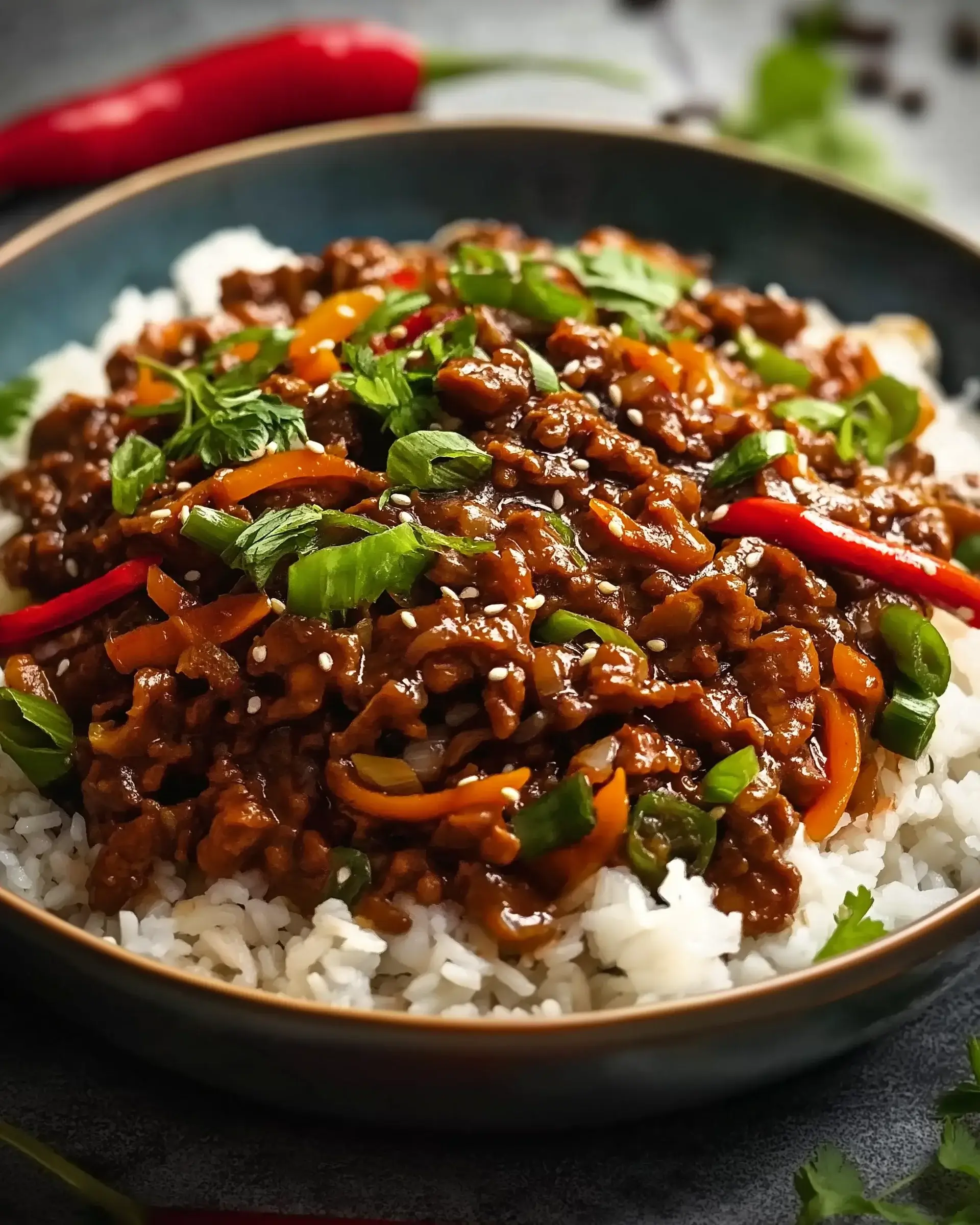 Knuspriges Chili-Rindfleisch mit Reis für Geschmacksexplosion!