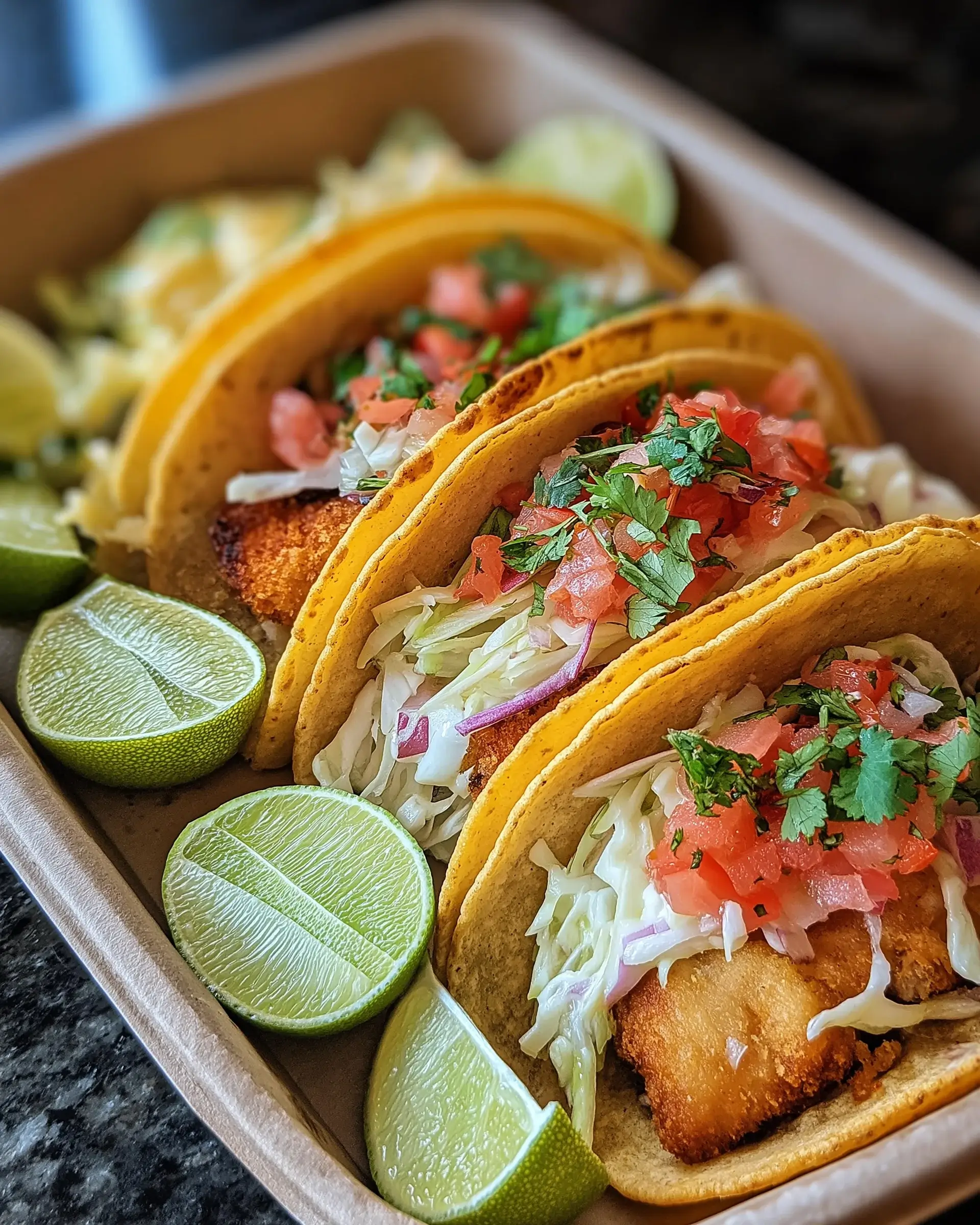Krosse Fisch-Tacos mit Koriander-Limetten-Slaw genießen!