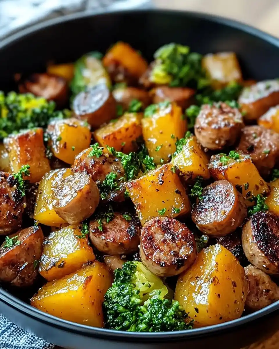 Blechgericht mit Würstchen, Süßkartoffeln und Honig-Knoblauch-Sauce für ein schnelles Abendessen!
