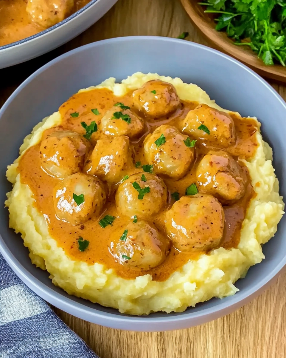 Hackbällchen in cremiger Sauce mit Kartoffelpüree genießen!