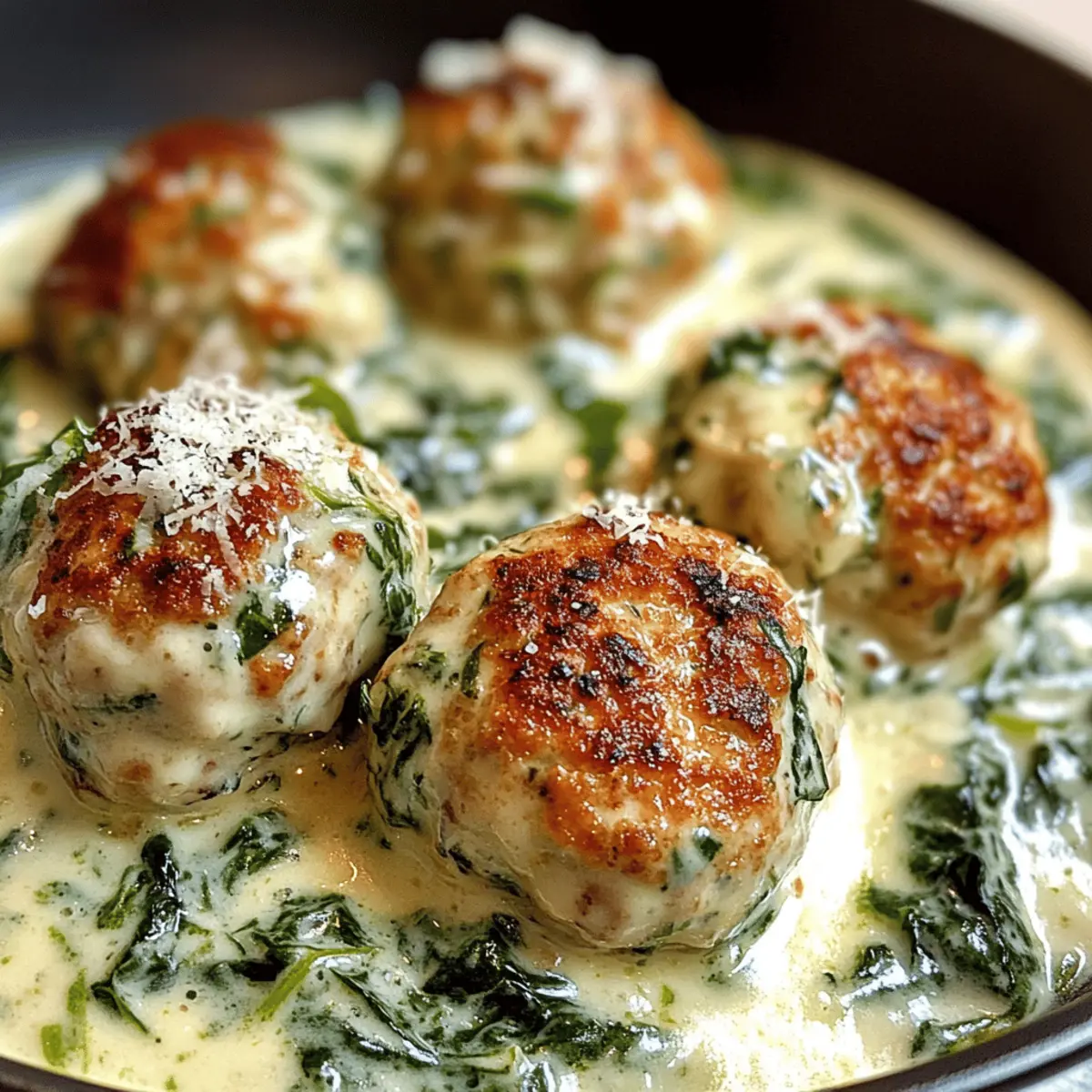 Gebackene Hähnchen-Ricotta-Fleischbällchen mit Spinat-Alfredo