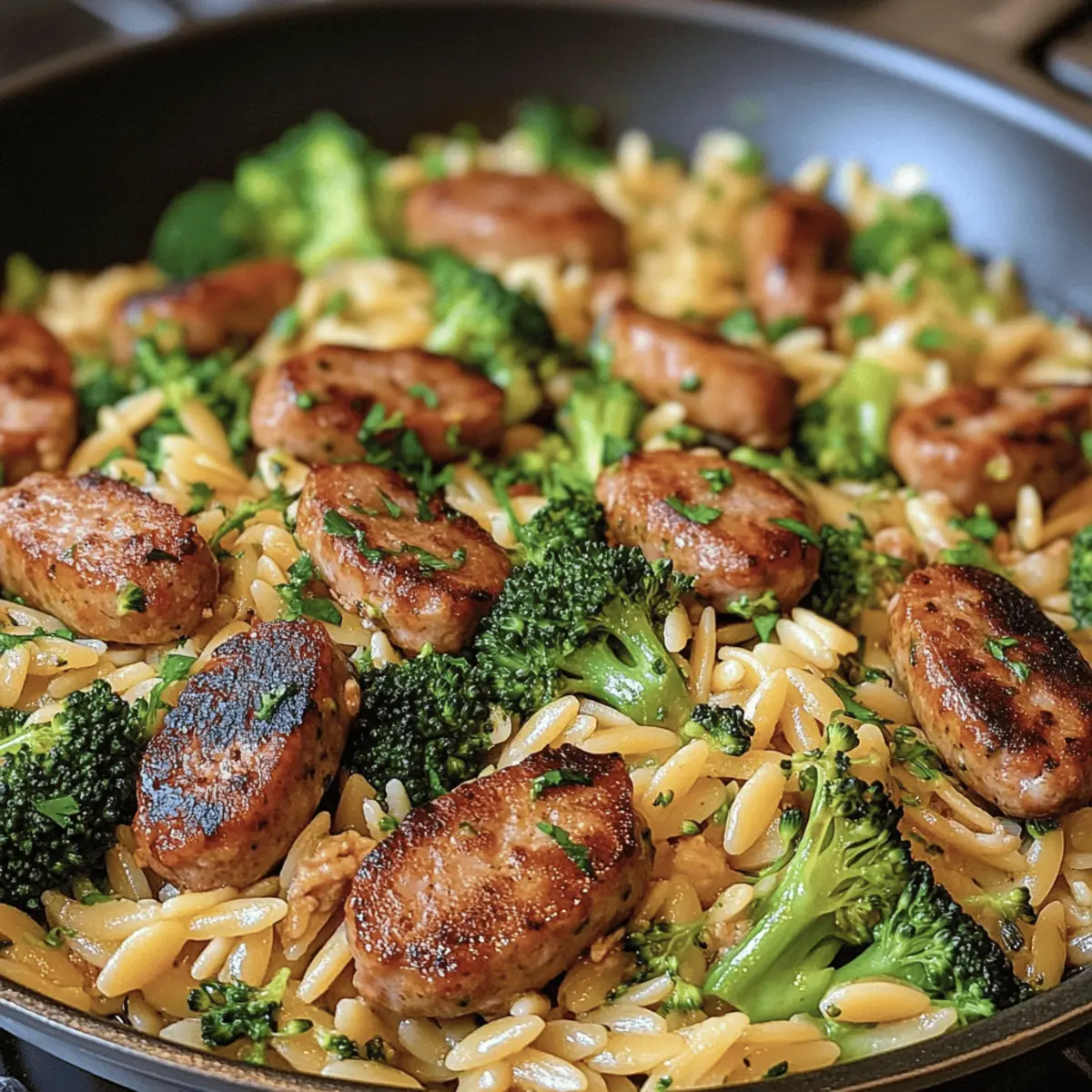 Hähnchenwurst Brokkoli Orzo in 25 Minuten