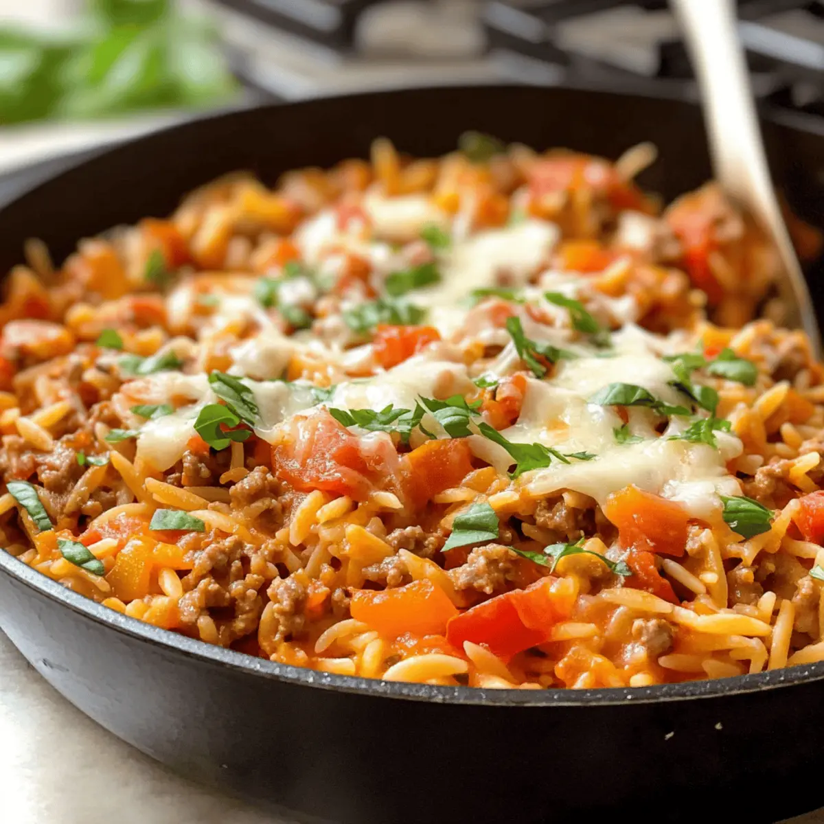 Putenhackfleisch Orzo Pfanne mit Tomaten schnell und einfach