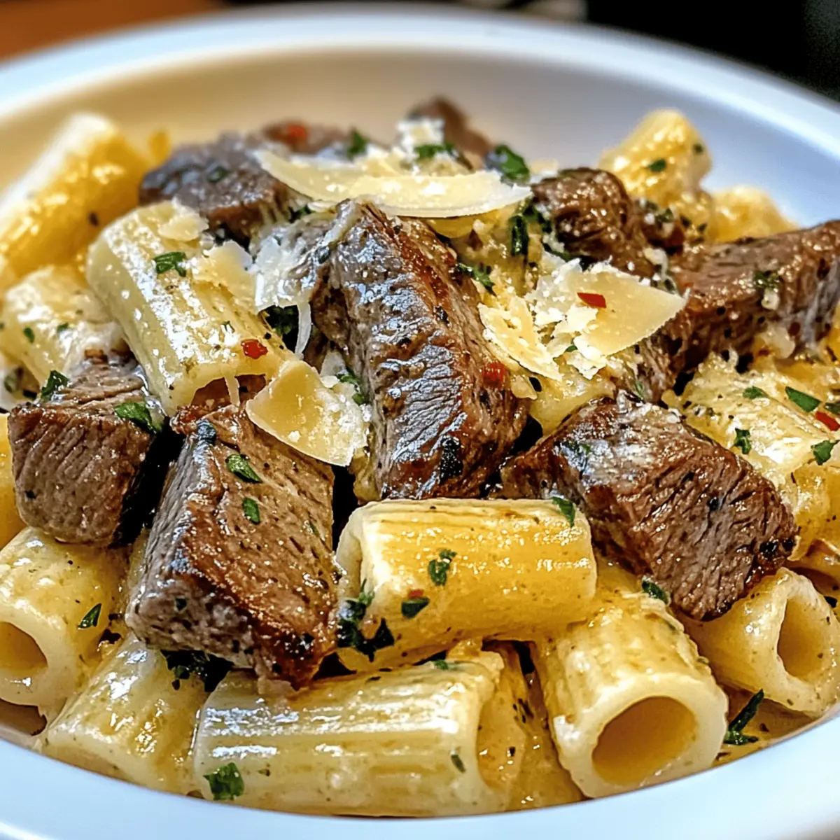 Knoblauchbuttersteak mit cremigen Rigatoni