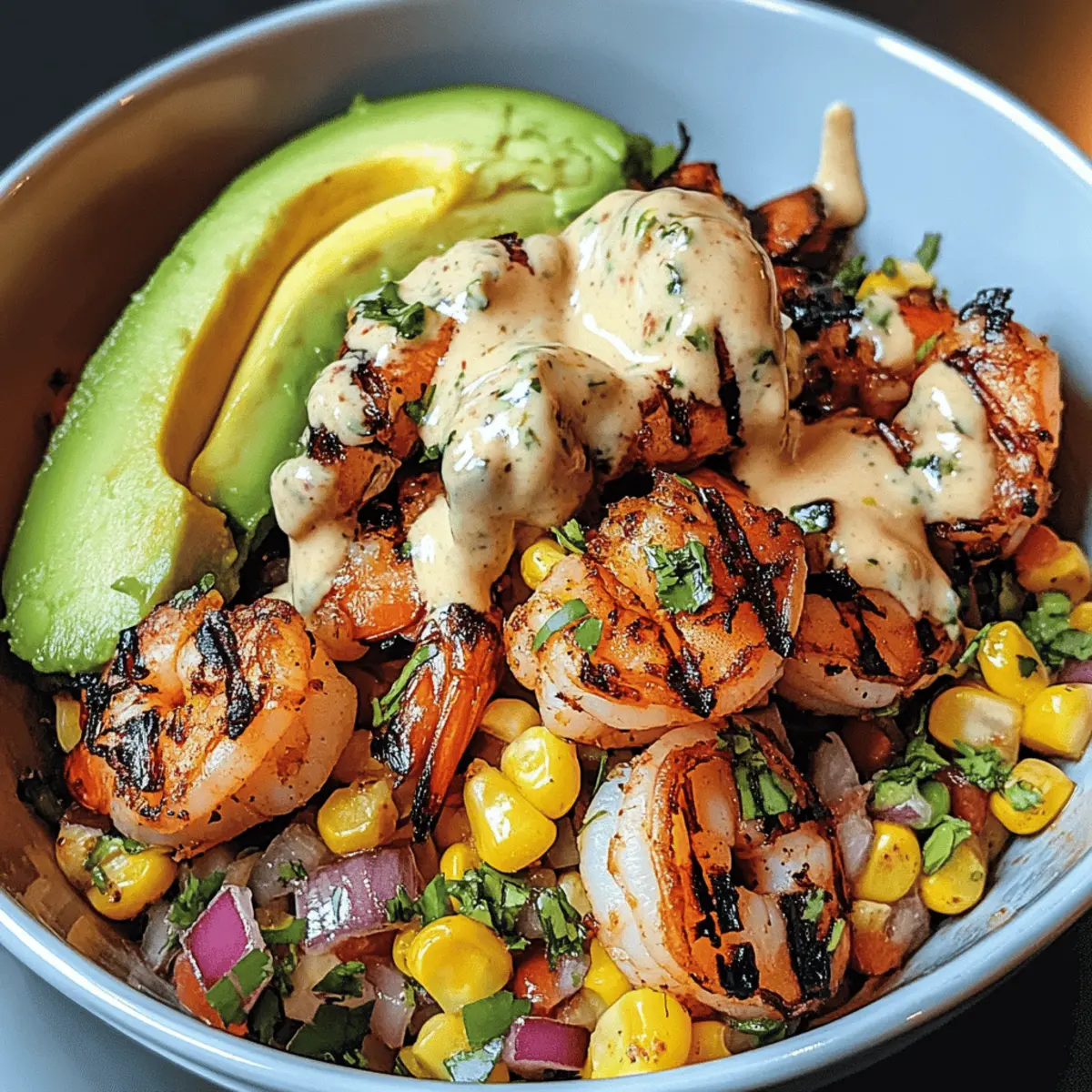 Gegrillte Garnelen-Schüssel mit Avocado und Mais-Salsa