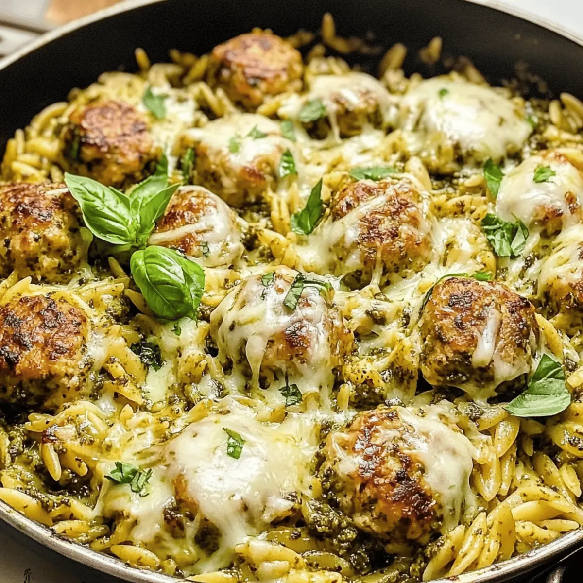 Ein-Pfannen-Pesto-Orzauflauf mit saftigen Fleischbällchen