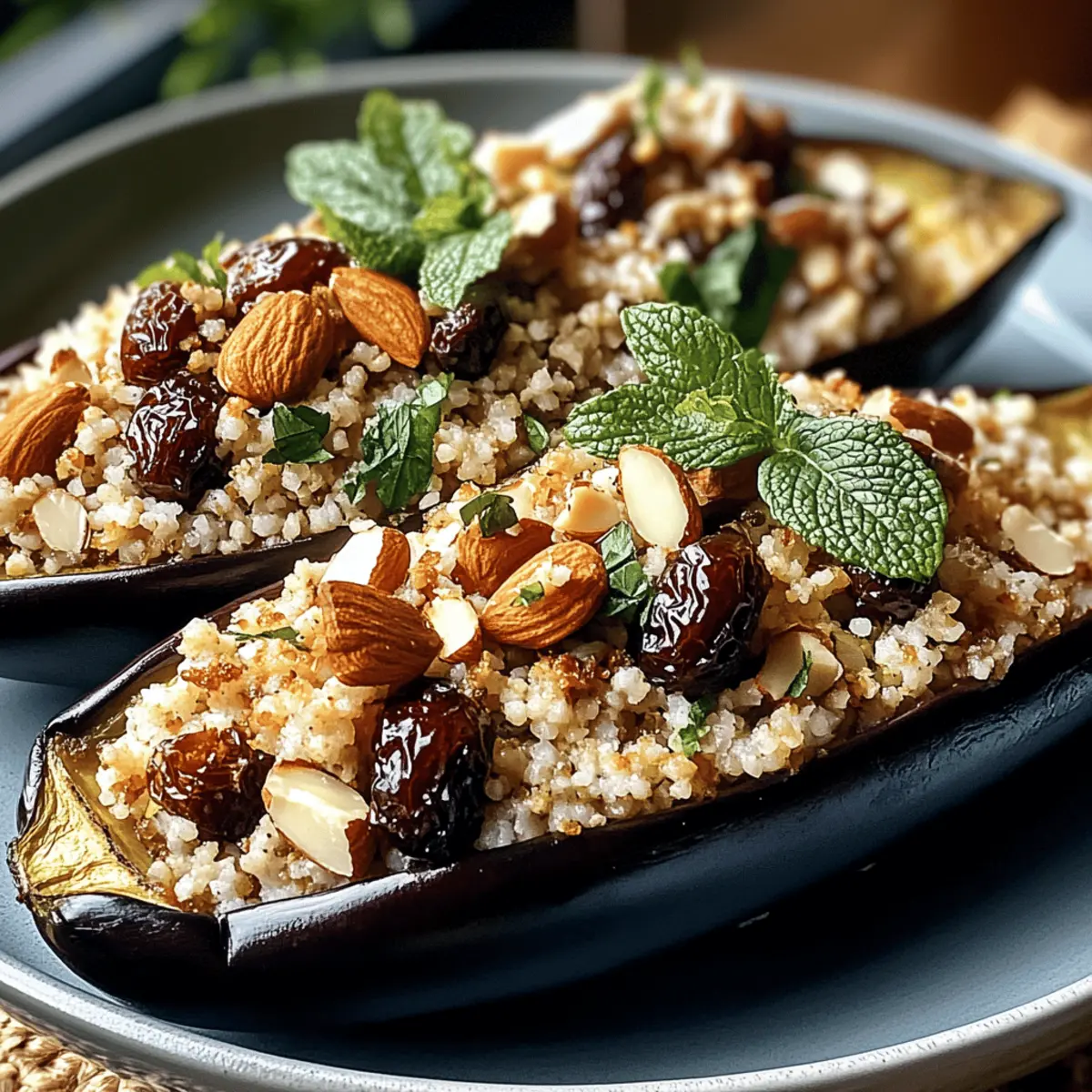 Auberginen mit Dattel-Mandel-Couscous und Minze genießen