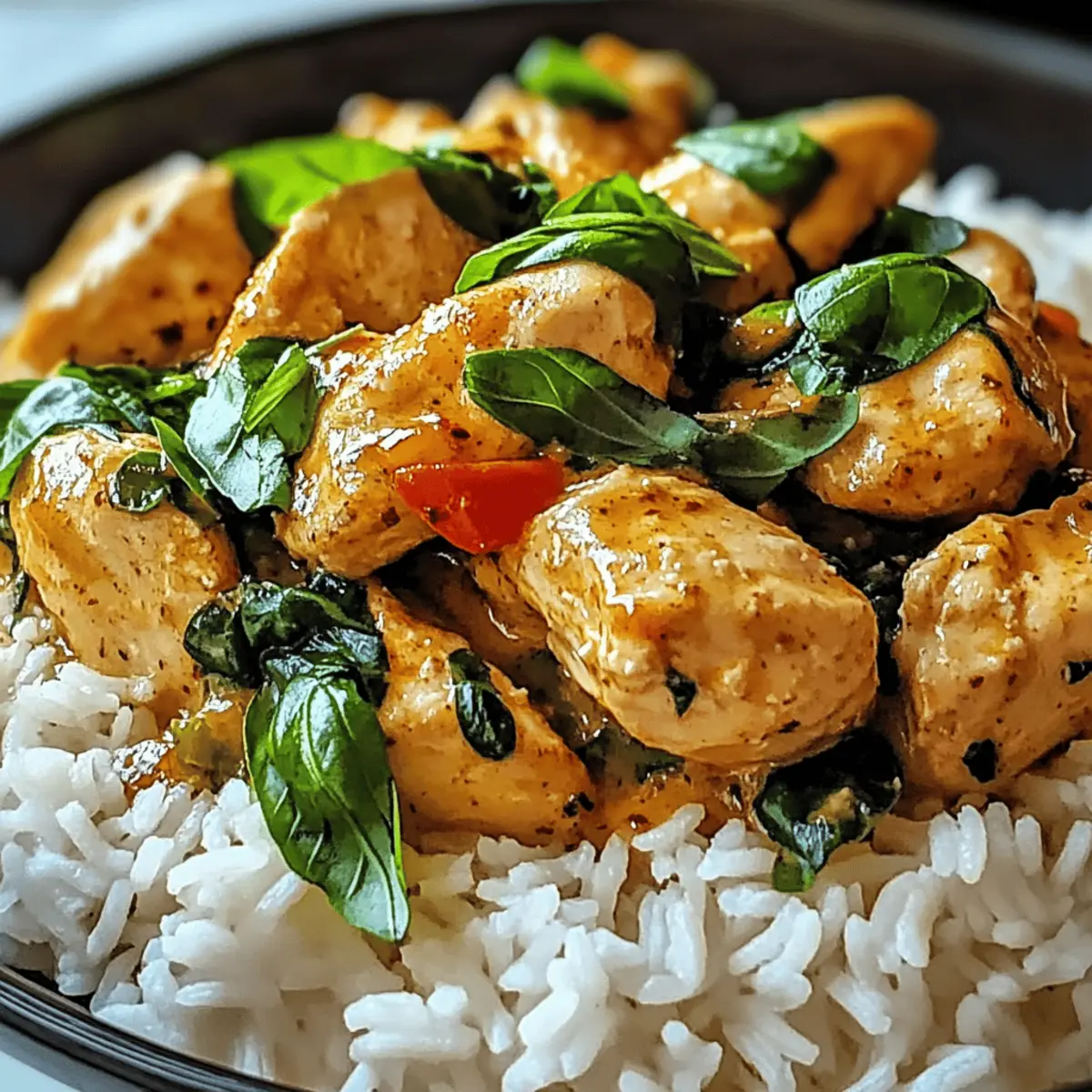 Gewürztes Kokosnuss-Basilikum-Hühnchen mit Reis genießen