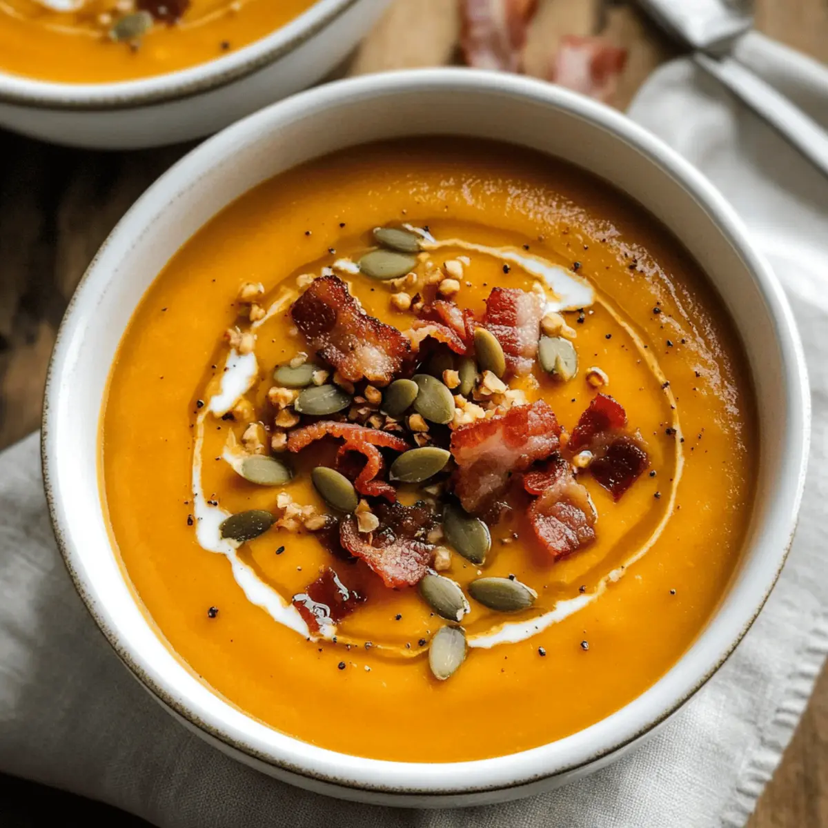 Kürbissuppe mit knusprigem Speck und Ahornsirup