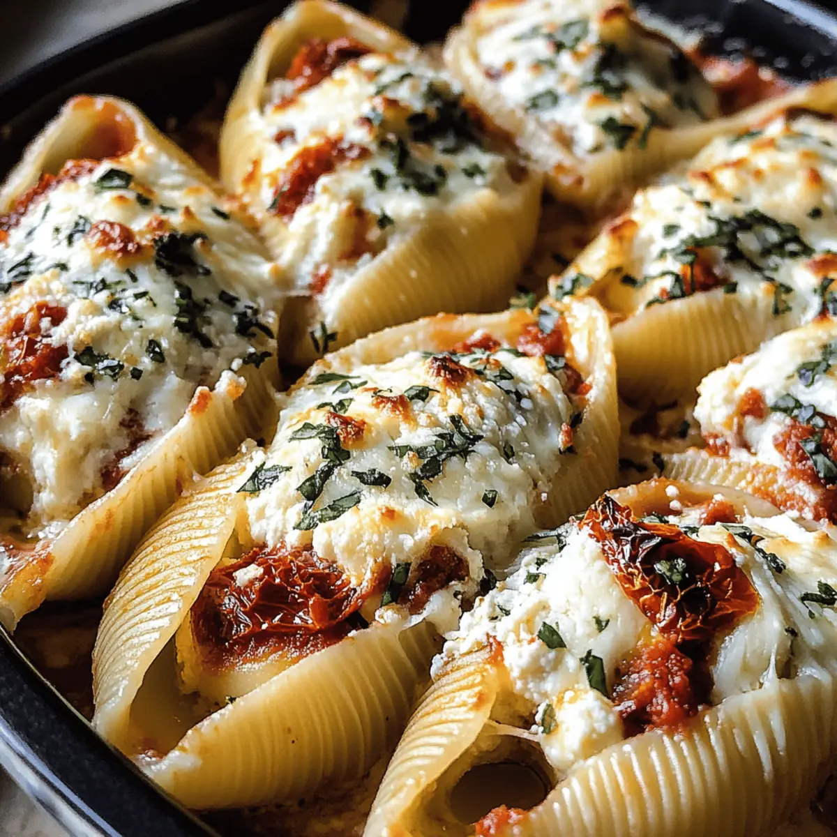 Cremige mit getrockneten Tomaten und Ricotta gefüllte Muscheln