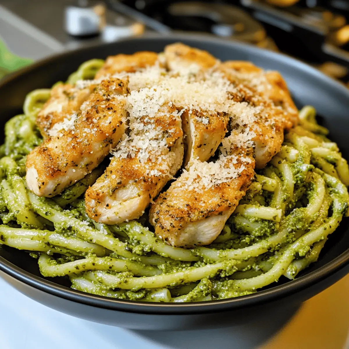 Pesto-Nudeln mit knusprigem Parmesan-Hühnchen lecker und schnell