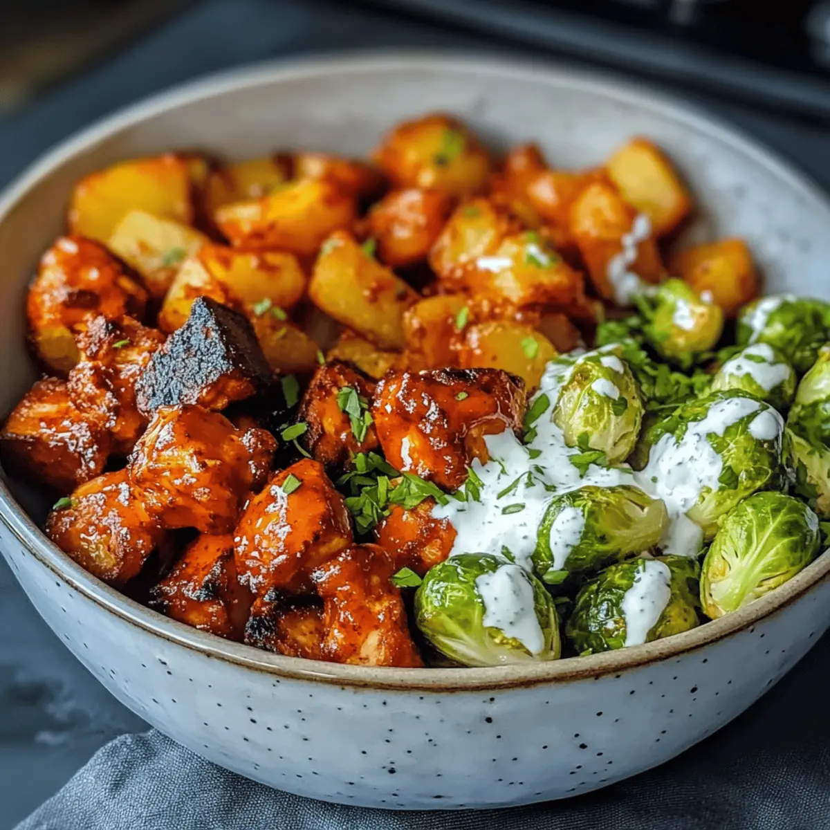 Buffalo Bites Schüssel mit knusprigen Kartoffeln