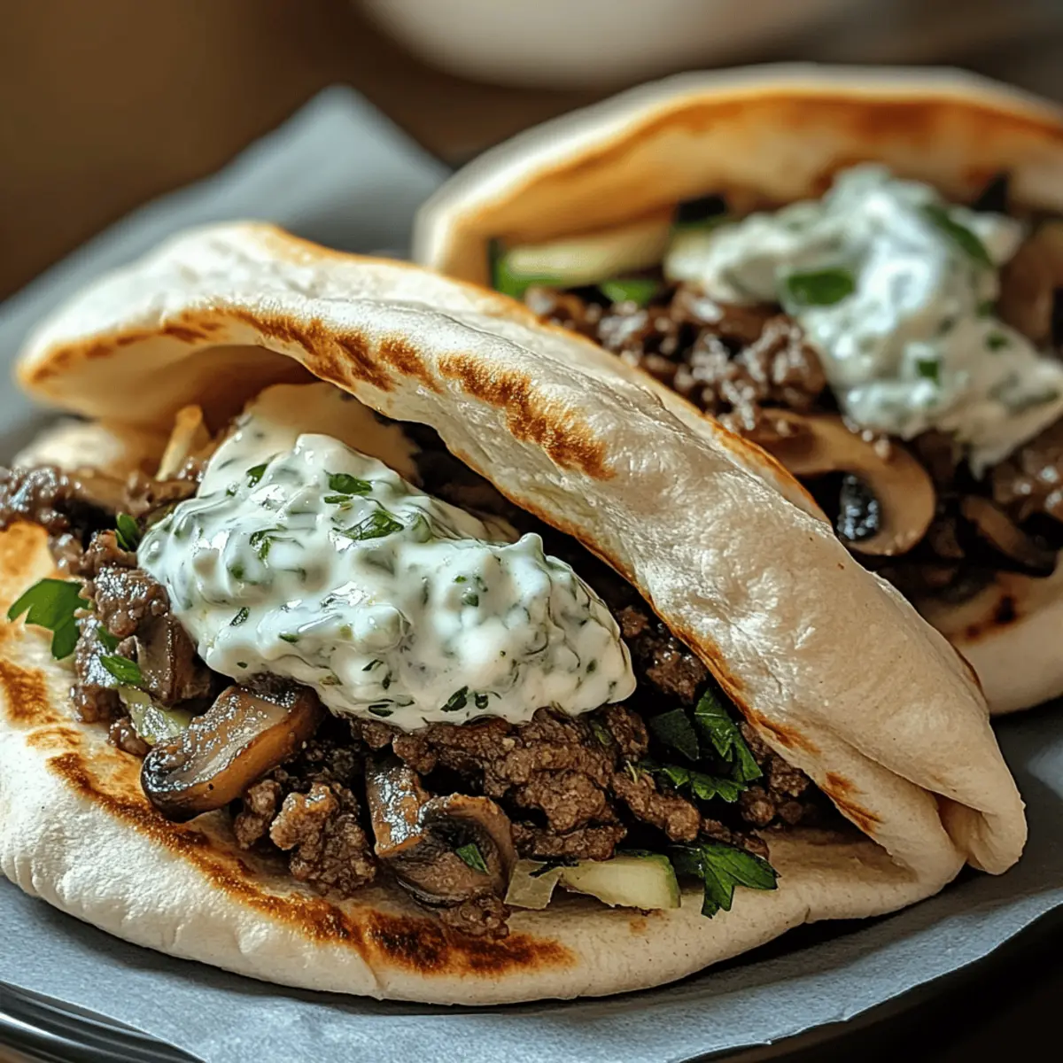 Käse-Rindfleisch und Pilz-Pita-Taschen mit Tzatziki