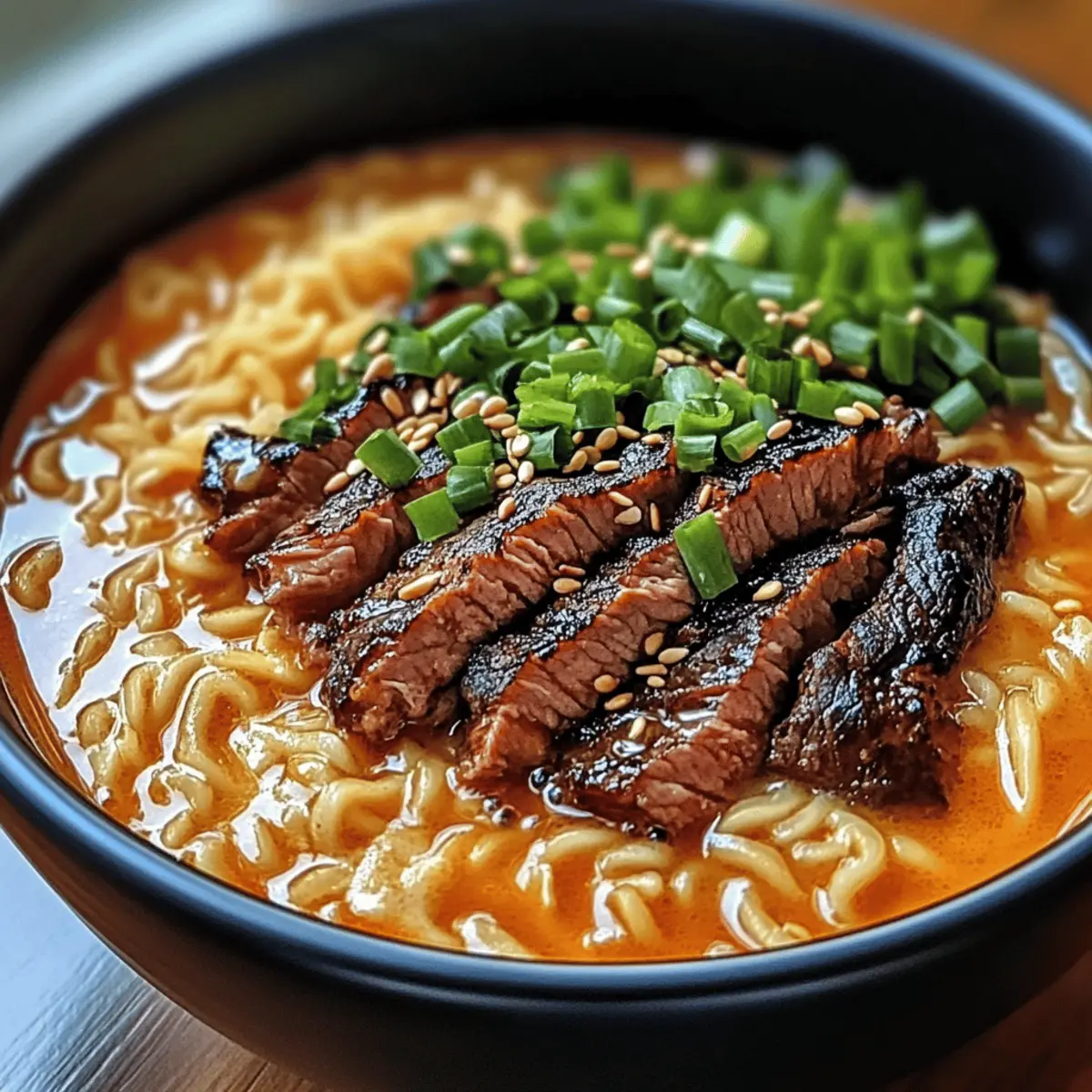Scharfe koreanische Ramen mit gegrilltem Rindfleisch